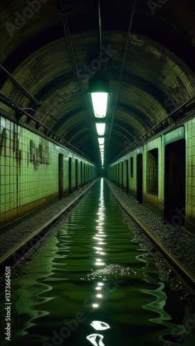 Abandoned Subway Flood. Urban Exploration of Waterlogged Metro Tunnels