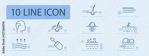 Dermatology set icon. Head, follicle, skin, layer, glow, pore, cleansing, hydration, absorption, treatment, care, brush, moisture, scalp, rejuvenation, smoothing, sebaceous, exfoliation.