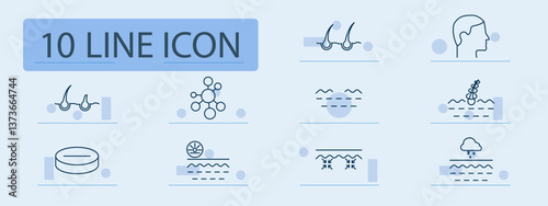Dermatology set icon. Follicle, molecule, profile, curl, soap, structure, dryness, protection, weather, pore, scalp, regeneration, cleansing, softness, absorption, elasticity