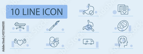 Hospital set icon. Stretcher, scalpel, stomach, file, baby, strong heart, fetus, ambulance, head, brain, emergency, surgery, diagnostics, maternity, infant, care, treatment, medical