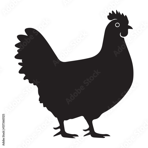 Standing chicken silhouette vector icon represents farm life and poultry industry effectively. Clean black chicken graphic suitable for food branding or agriculture themes. Simple chicken design isola