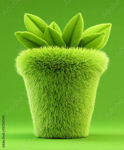 Bright green plant in pot covered in soft, fuzzy fur. Unique blend of nature and fantasy