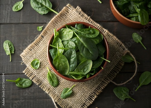 Fresh Spinach Leaves in Rustic Wooden Bowl