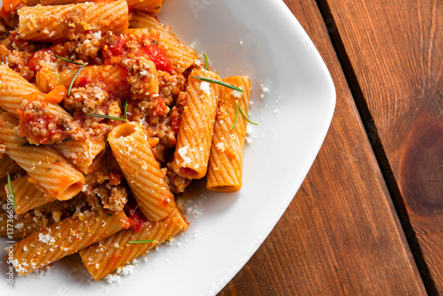 Tortiglioni con ragù alla bolognese, pasta italiana 