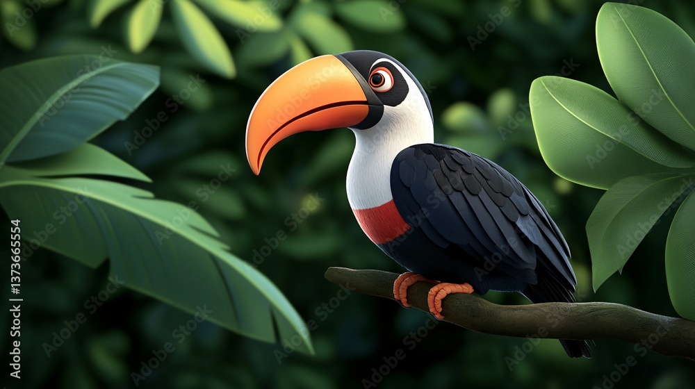 Naklejka premium Colorful Toucan Perched on a Branch Surrounded by Green Foliage