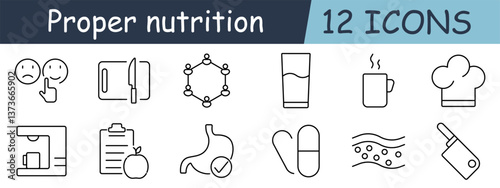 Proper nutrition set icon. Emotion, cutting board, glass, chef hat, stomach, pills, water, cooking, selection, diet, digestion, vitamins