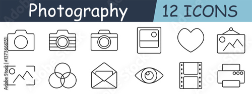 Photography set icon. Camera, frame, instant photo, heart, picture, viewfinder, color mix, envelope, vision, filmstrip, print, media