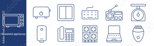 Household appliances set icon. Microwave, toaster, switch, keyboard, radio, scale, purifier, telephone, cooktop, laptop, epilator
