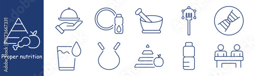 Nutrition pyramid set icon. Apple, plate, water glass, supplement bottle, drop, food scale, DNA strand, consultation, molecule, mortar, nutrient research, food science, health data