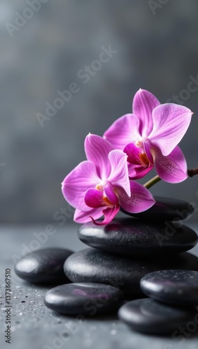 Close up of orchid flowers and spa stones on grey background, peaceful, relaxation