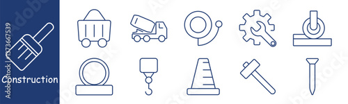 Construction set icon. Truck, cement mixer, roller, tape, wrench, gear, hook, pipe, hammer, cone representing site equipment, maintenance, load transport, repair, materials