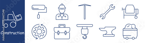 Construction set icon. Builder, cement mixer, anvil, briefcase, hook, roller, wrench, concrete truck, gear, dolly for manual labor, machinery, worker, job site, heavy industry, materials