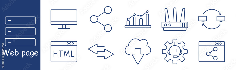 Web page set icon. Display, chart, router, HTML, sync, cloud, download, analytics, web window, interaction, sharing, system data, traffic, visualization, connectivity Web page set icon. Display, chart, router, HTML, sync, cloud, download, analytics, web window, interaction, sharing, system data, traffic, visualization, connectivity