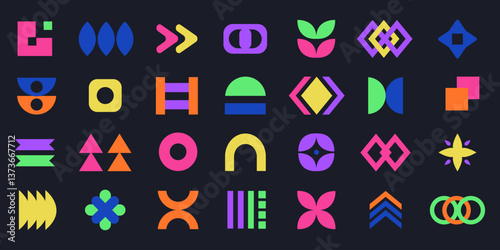 Colorful abstract geometric shapes set. Brutalist contemporary groovy shapes, y2k design elements collection. Funky geometric minimal figures and shapes for banner, poster, sticker, websites