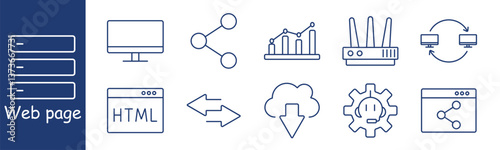 Web page set icon. Display, chart, router, HTML, sync, cloud, download, analytics, web window, interaction, sharing, system data, traffic, visualization, connectivity
