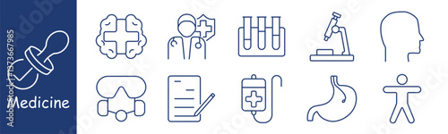 Medicine set icon. Brain, doctor, vial, microscope, head, VR, report, dropper, stomach, anatomy, presenting treatment, lab, organs, protection, record