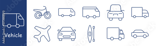 Vehicle set icon. Truck, bike, van, car, airplane, kayak, sedan, delivery, transport, motion, portraying travel, transportation, cargo, logistics