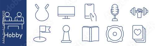 Hobby set icon. Tabletop, yoyo, monitor, phone, microphone, dumbbell, flag, pawn, book, target, cards, depicting leisure, interaction, fun, media, reading, gaming