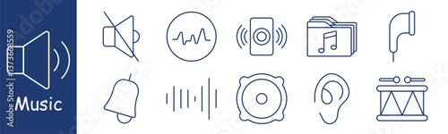 Music set icon. Speaker, mute, waveform, speaker box, folder, earphone, bell, equalizer, drum, ear, showcasing volume, track organization, effects, rhythm, playback