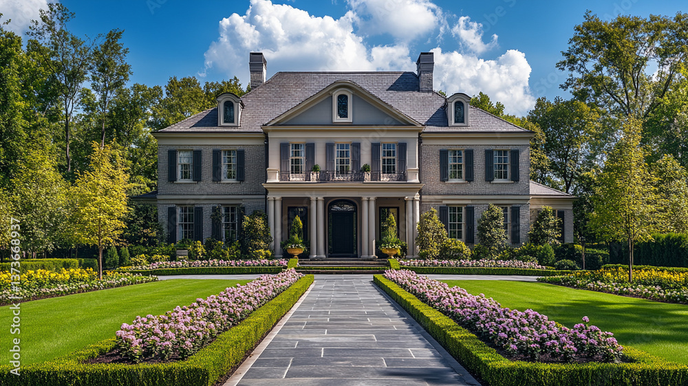Fototapeta premium Elegant colonial style house with symmetrical facade and lush garden