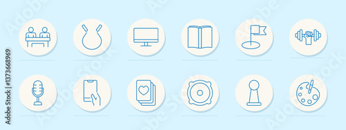 Education set icon. Classroom, fitness, flag, book, monitor, palette, mic, reading, podcast, card, activity, creativity, art, game, test, student, school, identity
