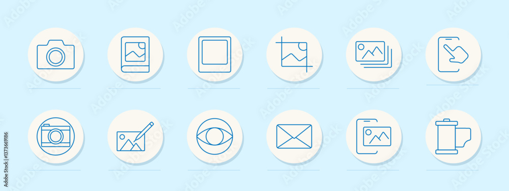 Photography tools set icon. Camera, polaroid, frame, crop, gallery, phone gesture, edit, envelope, roll, pencil, eye, vision, photo app, filter, image