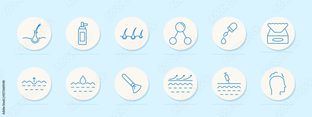 Hair treatment set icon. Root, spray, density, molecule, pipette, wipes, lift, hydration, brush, smooth, injection, scalp care, softness, product Hair treatment set icon. Root, spray, density, molecule, pipette, wipes, lift, hydration, brush, smooth, injection, scalp care, softness, product