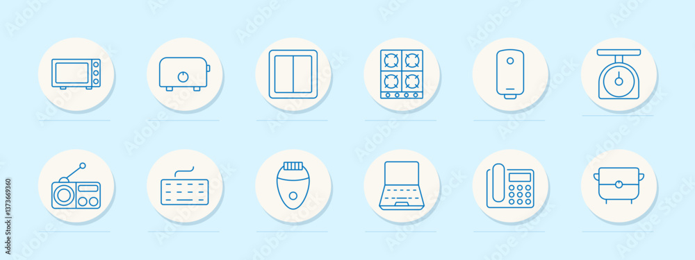 Home appliance set icon. Microwave, toaster, switch, stove, heater, scale, radio, keyboard, epilator, laptop, phone, calculator, multicooker Home appliance set icon. Microwave, toaster, switch, stove, heater, scale, radio, keyboard, epilator, laptop, phone, calculator, multicooker