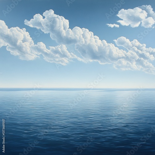 Tranquil calm ocean view under a beautiful sky with horizon and paradise island in the distance