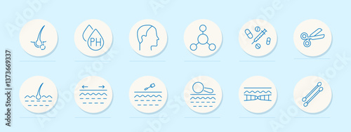 Hair diagnostics set icon. Follicle, pH, scalp, molecule, pills, scissors, serum, pipette, magnifier, dna, analysis, skin, injection, elasticity