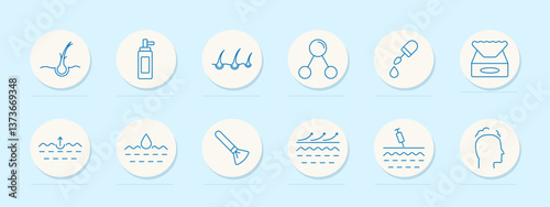 Hair treatment set icon. Root, spray, density, molecule, pipette, wipes, lift, hydration, brush, smooth, injection, scalp care, softness, product