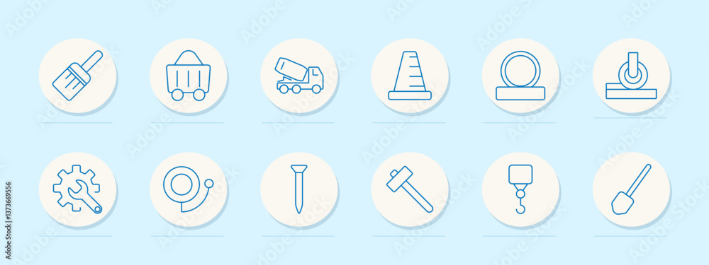 Construction process set icon. Brush, trolley, truck, cone, rings, wheel, gear, hose, nail, hammer, hook, shovel, heavy work, tools Construction process set icon. Brush, trolley, truck, cone, rings, wheel, gear, hose, nail, hammer, hook, shovel, heavy work, tools