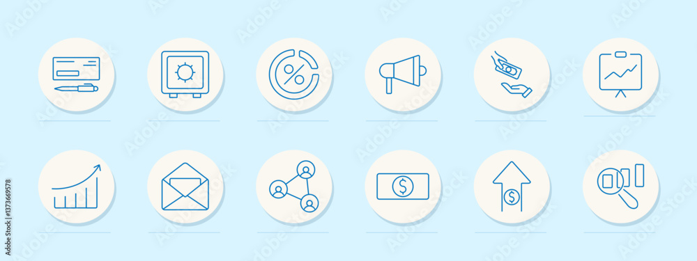 Financial services set icon. Check, vault, percent, speaker, cash, presentation, chart, mail, network, banknote, growth, magnifier, market Financial services set icon. Check, vault, percent, speaker, cash, presentation, chart, mail, network, banknote, growth, magnifier, market