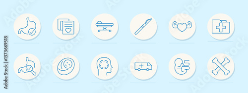 Healthcare service set icon. Stomach, document, stretcher, scalpel, heart, folder, infant, brain, ambulance, lungs, bones, treatment