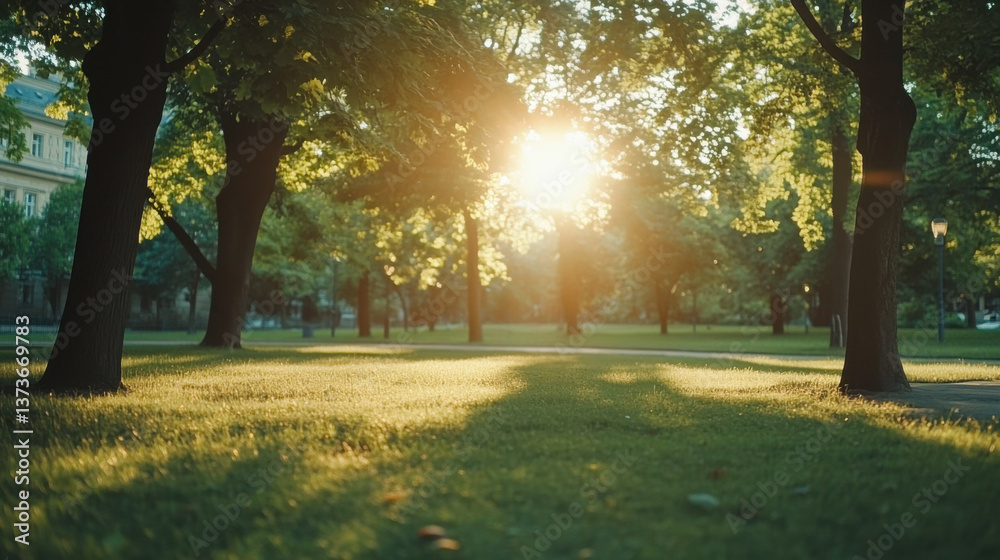 Naklejka premium Sunrise casts golden light through trees in a serene park setting during early morning hours