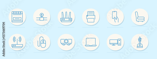 Home electronics set icon. Oven, socket, router, printer, smartphone, chair, wifi, mouse, projector, laptop, monitor, burner