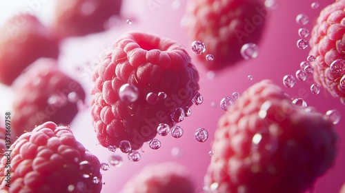 Close-up image of fresh raspberries with water droplets in dreamy pink background