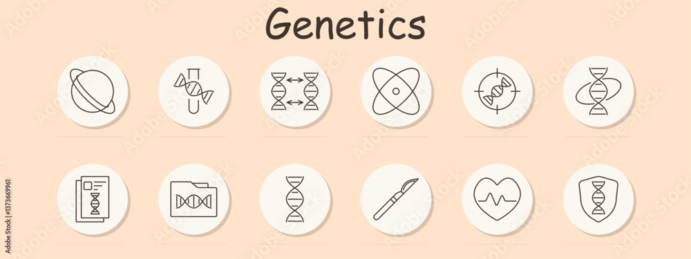 Genetics set icon. Atom, code, mutation, targeting, research, document, folder, scalpel, heart, genome protection Genetics set icon. Atom, code, mutation, targeting, research, document, folder, scalpel, heart, genome protection