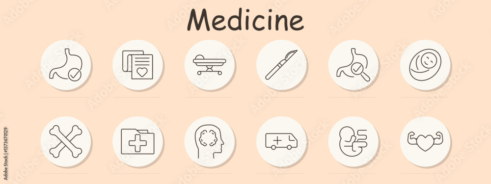 Medical set icon. Stomach, document, stretcher, scalpel, newborn, bones, folder, brain, ambulance, embryo, strong heart, showing anatomy, care, surgery, health Medical set icon. Stomach, document, stretcher, scalpel, newborn, bones, folder, brain, ambulance, embryo, strong heart, showing anatomy, care, surgery, health