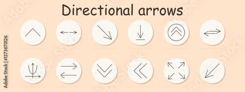 Arrow set icon. Vertical, horizontal, double, angled, loop, pointing arrows for UI, movement, transitions, redirection, and navigation in systems