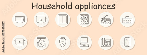 Appliance set icon. Microwave, toaster, switch, stove, radio, keyboard, cooker, scale, epilator, laptop, phone, boiler, illustrating tech, tools, home essentials