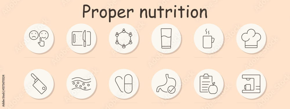 Nutrition set icon. Food pyramid, tray, bottle, apple, fork, mortar, pumpkin, DNA, table, water, protein, representing balance, hydration, and meal variety Nutrition set icon. Food pyramid, tray, bottle, apple, fork, mortar, pumpkin, DNA, table, water, protein, representing balance, hydration, and meal variety