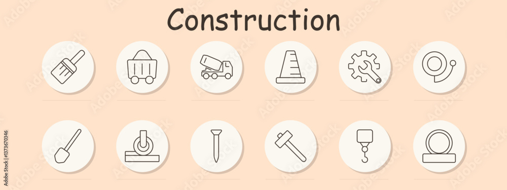 Construction set icon. Brush, cart, mixer truck, cone, gear, tape, shovel, wheel, nail, hammer, hook, pipe, showing tools and materials for building process Construction set icon. Brush, cart, mixer truck, cone, gear, tape, shovel, wheel, nail, hammer, hook, pipe, showing tools and materials for building process