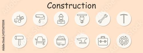 Construction set icon. Loader, roller, worker, crane, wrench, pickaxe, mallet, mixer, container, anvil, case, gear, representing workforce and machinery in site