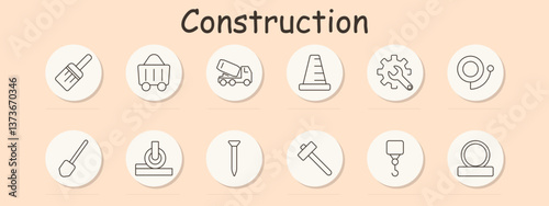 Construction set icon. Brush, cart, mixer truck, cone, gear, tape, shovel, wheel, nail, hammer, hook, pipe, showing tools and materials for building process