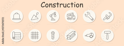 Construction set icon. Helmet, trowel, crane arm, truck, wrench, rebar, blueprint, mesh, bolt, beam, drill, mallet, representing safety and assembly tools