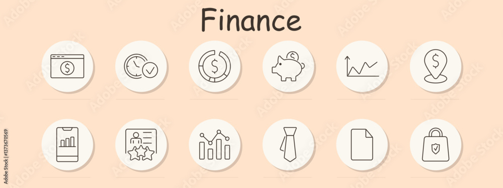Finance set icon. Browser, clock, pie chart, piggy bank, chart, pin, mobile screen, resume, graph, tie, document, bag, covering tools of corporate finance Finance set icon. Browser, clock, pie chart, piggy bank, chart, pin, mobile screen, resume, graph, tie, document, bag, covering tools of corporate finance