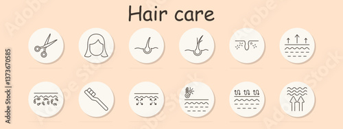 Hair care set icon. Scissors, woman, root, strand, damage, hydration, dandruff, brush, volume, temperature, renewal, texture, related to grooming and scalp wellness