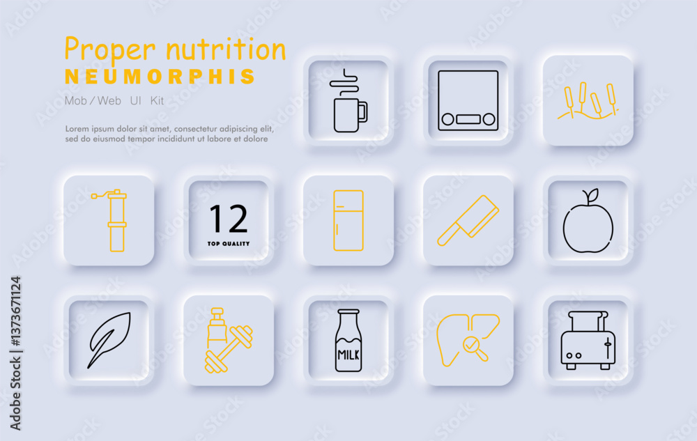 Proper nutrition set icon. Coffee, scale, vitamins, fridge, knife, apple, leaf, dumbbell, liver, milk, toaster, grinder, healthy food, balance, freshness Proper nutrition set icon. Coffee, scale, vitamins, fridge, knife, apple, leaf, dumbbell, liver, milk, toaster, grinder, healthy food, balance, freshness