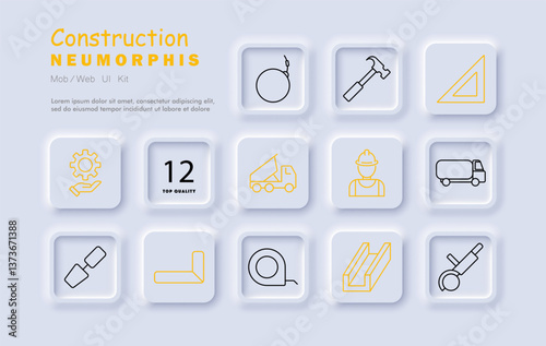 Construction set icon. Hammer, ruler, mixer, helmet, truck, tape, beam, angle, safety, builder, circle saw, measuring tool